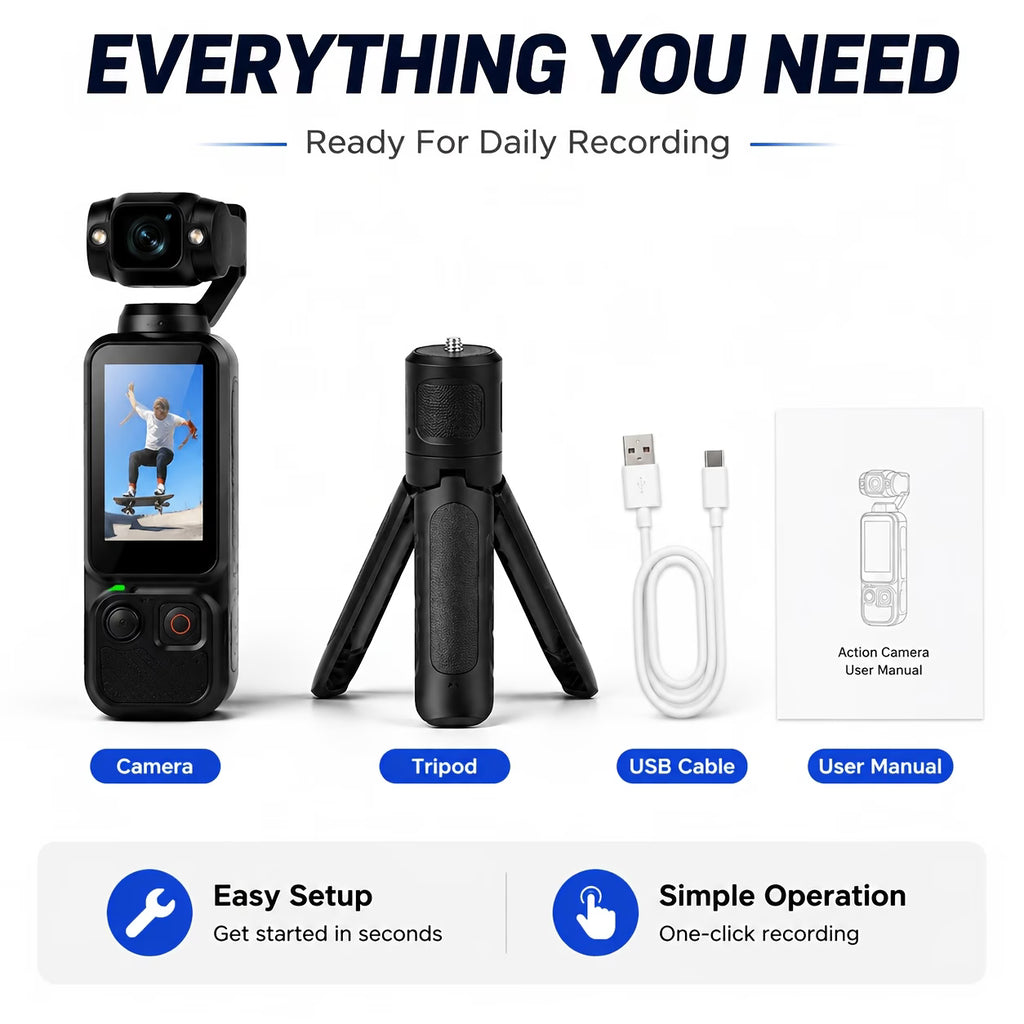 Pocket Action Camera, 4K with 180° Rotating Lens