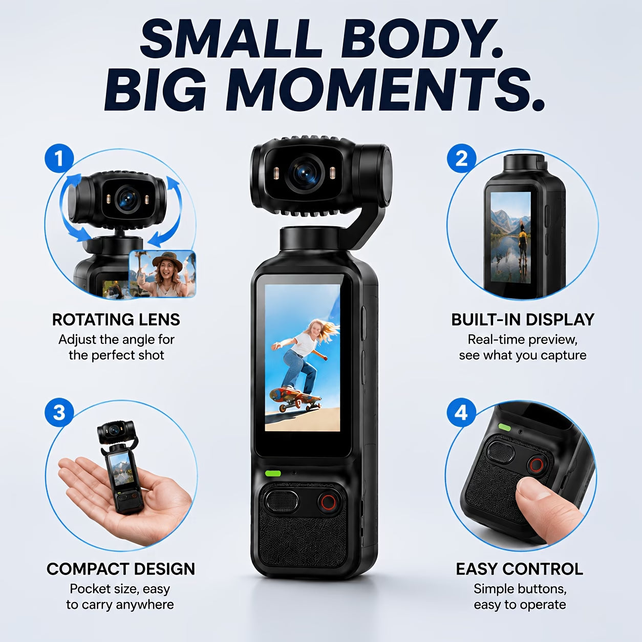 Pocket Action Camera, 4K with 180° Rotating Lens