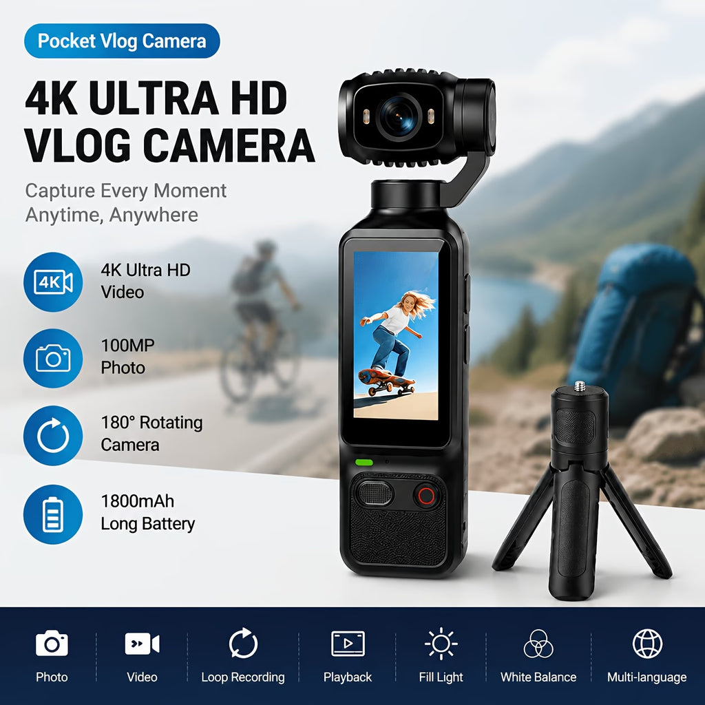 Pocket Action Camera, 4K with 180° Rotating Lens