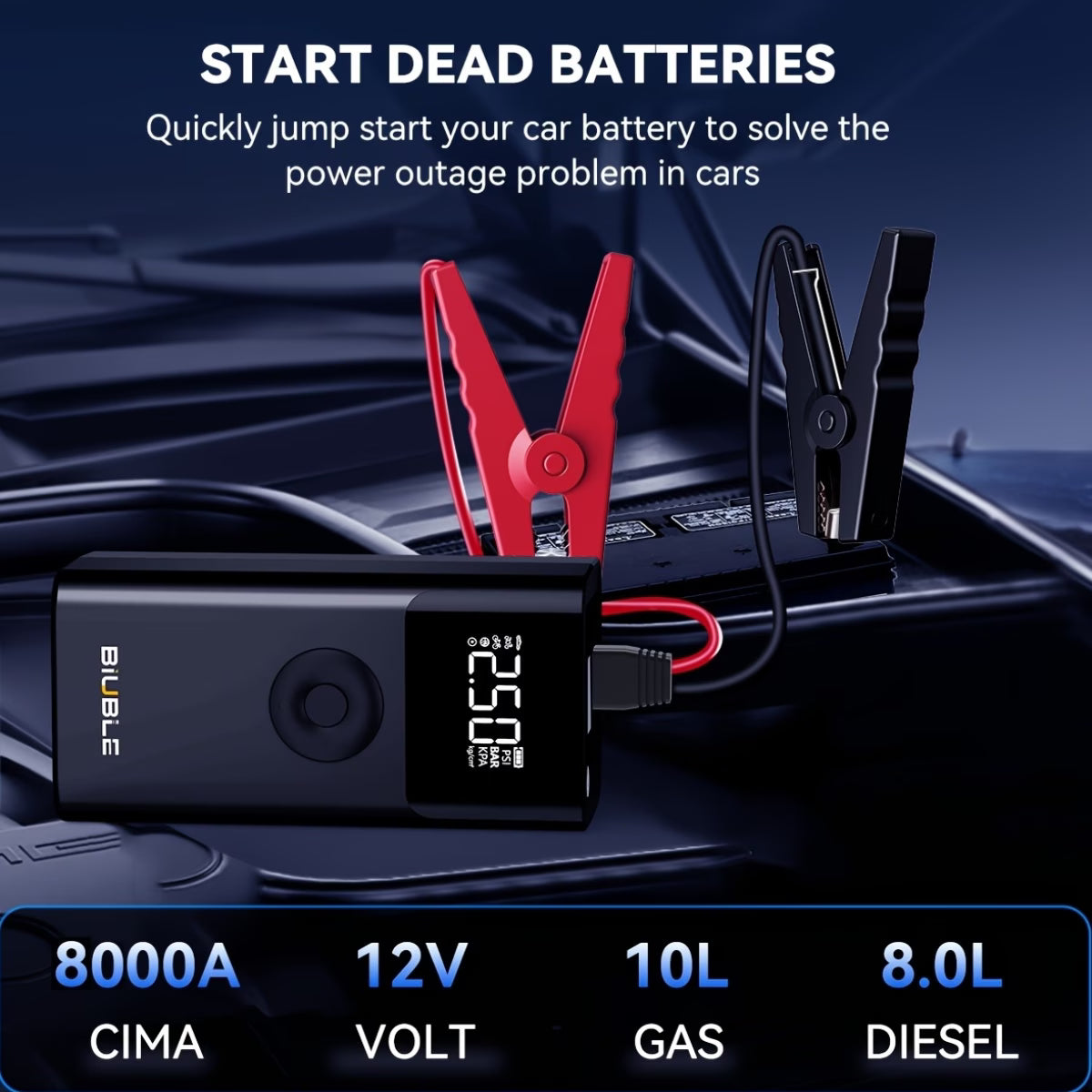 Portable Car Battery Jump Starter, 8000A 12V Jump Starter with Tyre Inflator